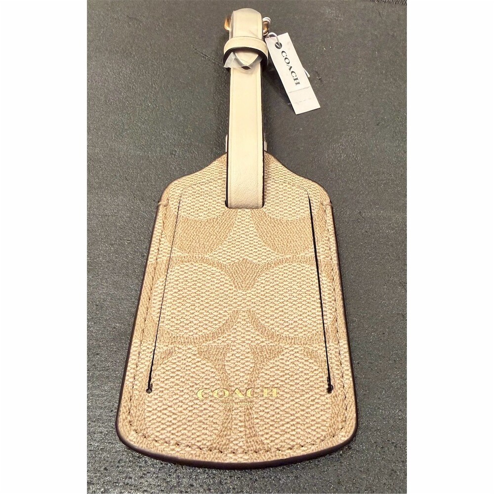 Coach Signature Canvas Luggage Tag Khaki/Chalk Leather Strap Gold Tone